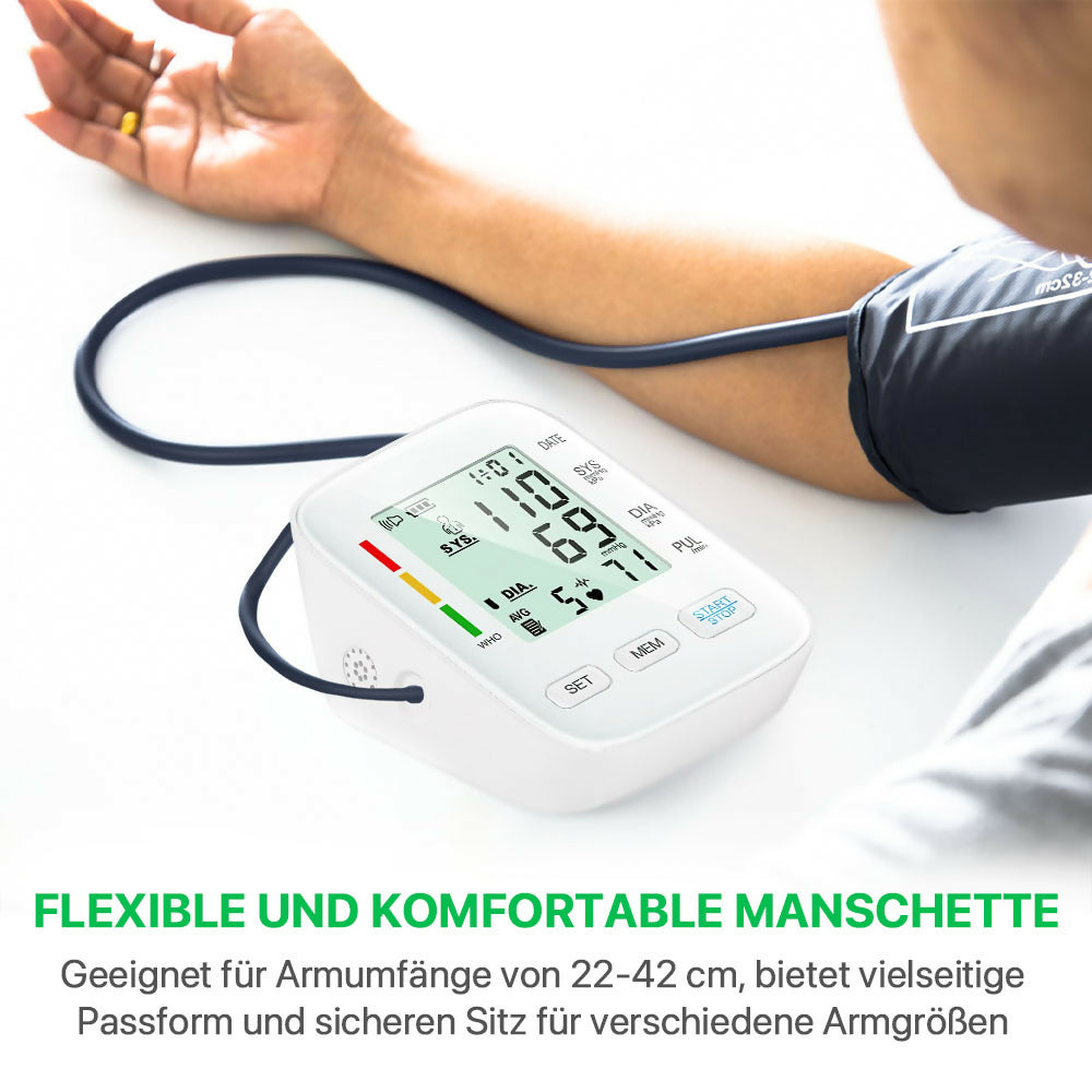 Vollautomatisches Oberarm-Blutdruckmessgerät mit digitalem Display / Mit komfortabler Manschette und Speicherfunktion / Blutdruck- und Pulsmessung
