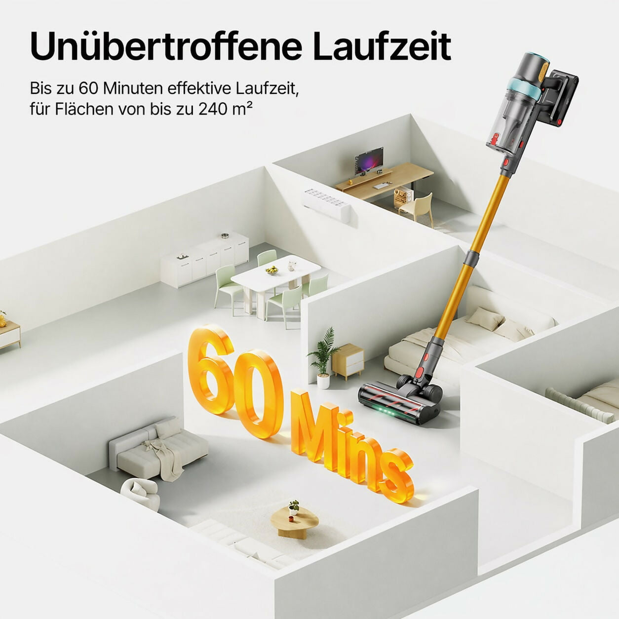 Ultra-starker Akku-Staubsauger mit automatischer Stauberkennung / Bis zu 60 Minuten Laufzeit / Beutelloser Staubsauger für Teppiche, Hartböden & Tierhaare 600 W