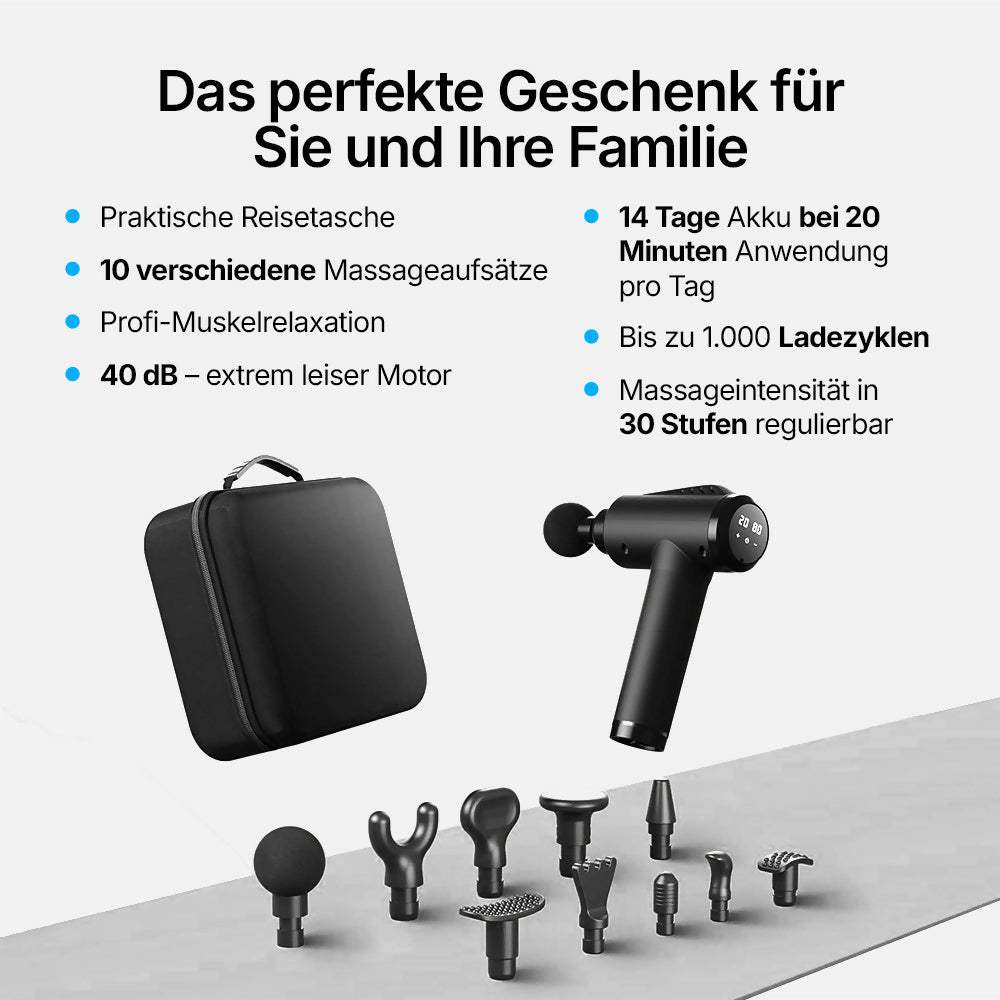 Massagepistole mit 30 Geschwindigkeiten / Massage Gun für tiefe Muskelmassage mit bis zu 3600 Impulsen/min / 10 Aufsätze für Nacken, Rücken & Körper / Mit LCD-Touchscreen