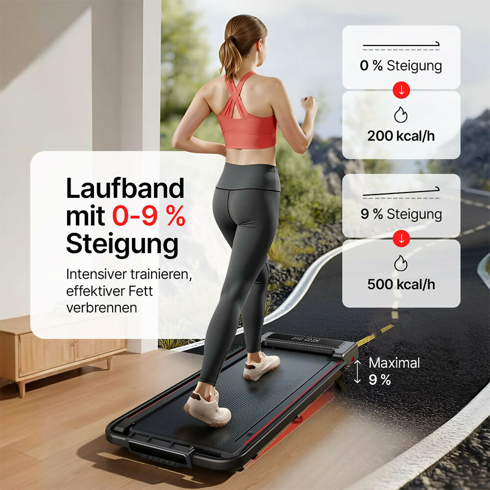 Laufband für Zuhause & Büro mit Steigung / Klappbares Walking Pad bis 12 km/h / Under-Desk-Laufband für Schreibtisch & Homeoffice / 2,5 PS Motor mit App & Fernbedienung