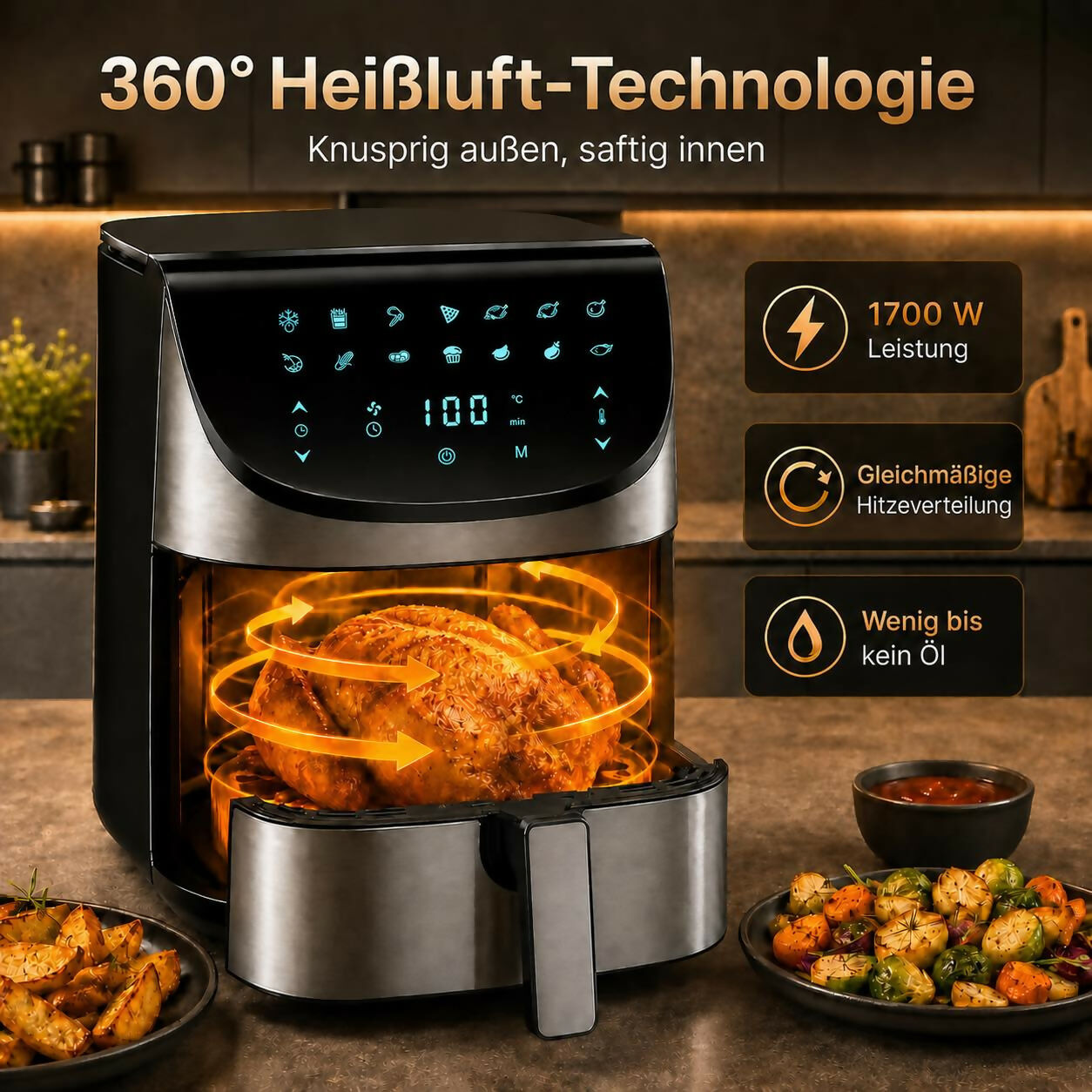 Oryzom AirCrisp Pro – 360° Heißluft-Technologie mit 1700 W für schnelle und gesunde Mahlzeiten