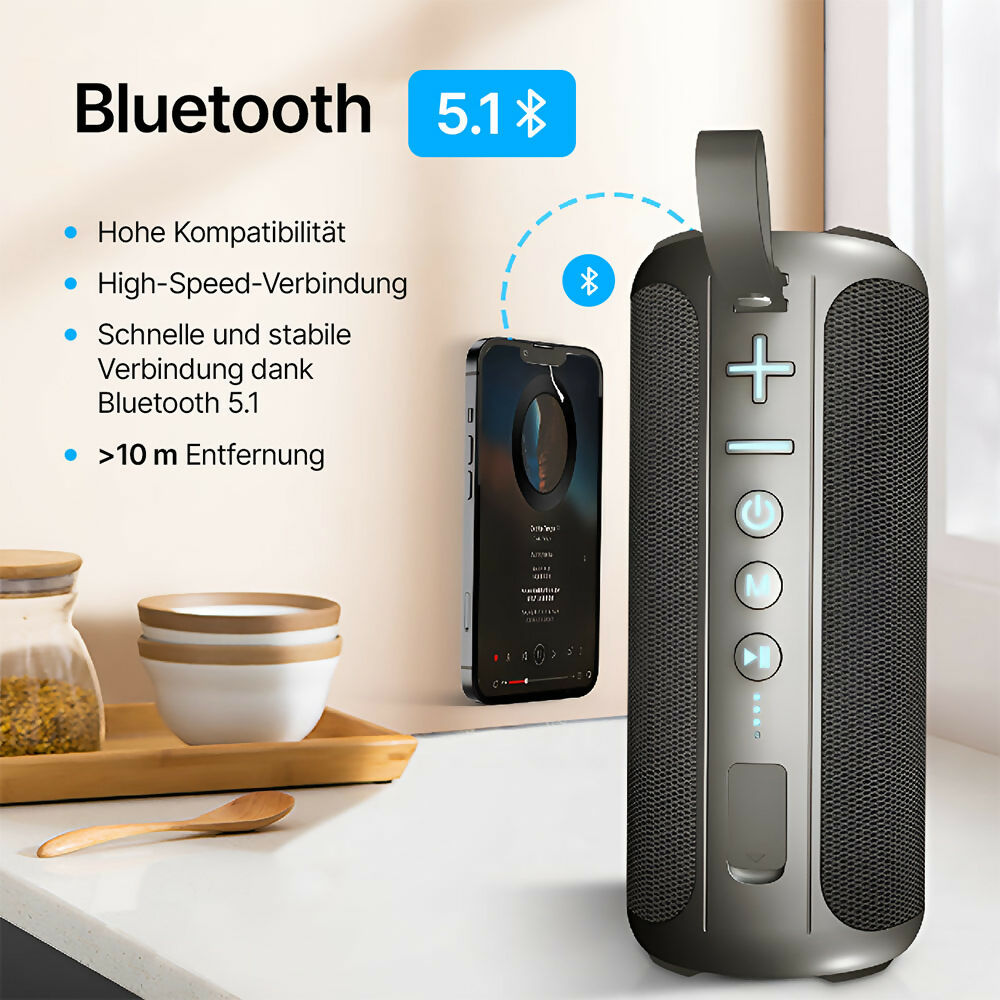 Kraftvoller Bluetooth Lautsprecher mit HD-Sound / LED Lichtern / IPX6 wasserdicht / Bluetooth 5.1 & Multipairing-Funktion / 20 W Dual-Lautsprecher-Subwoofer